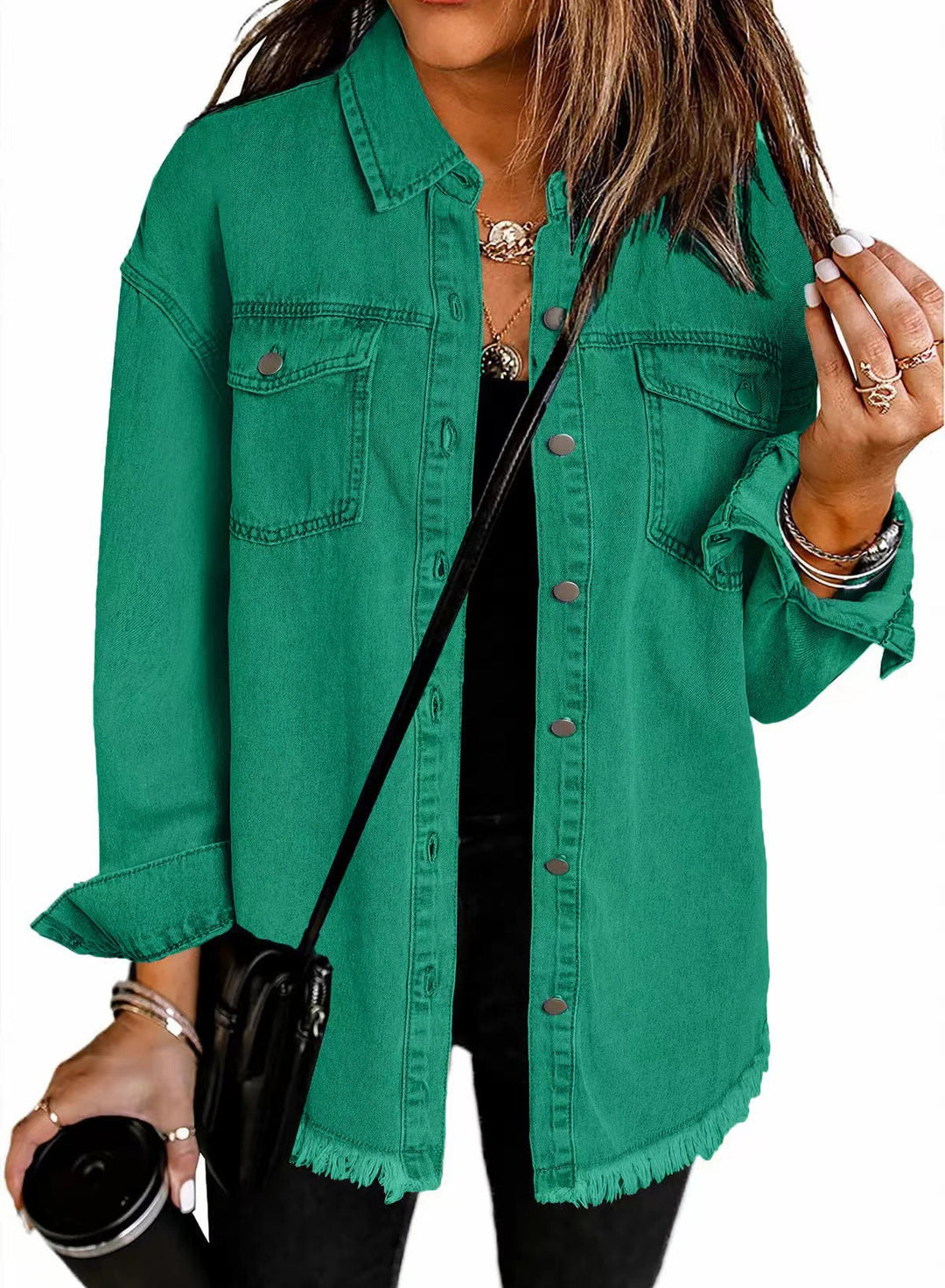 Damen lässiges Denim-Hemd mit fransigen Säumen und praktischen Brusttaschen EB