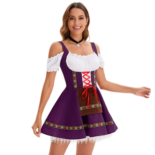 Damen nan kurzes Trachtenkleid im Dirndlstil mit Schnürung, schulterfreiem Carmen-Ausschnitt und Zierschürze EB
