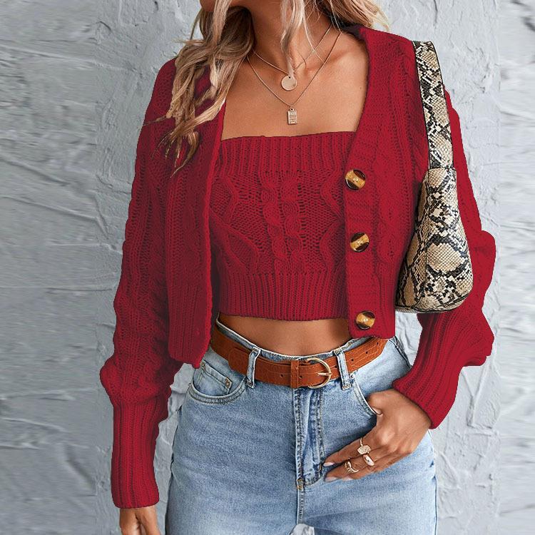 Damen gestricktes Set mit Cardigan und Crop-Top EB