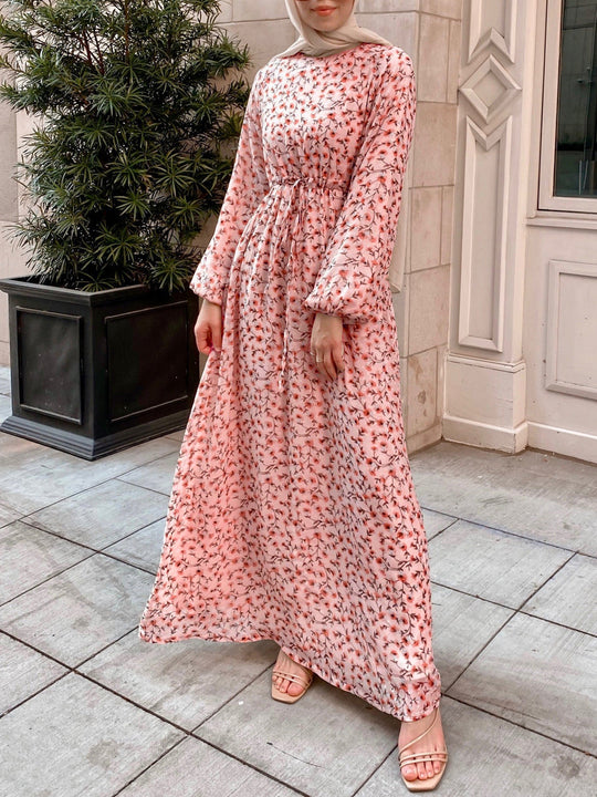 Damen Geblümtes Maxikleid mit Kordel-Taille und Ballonärmeln EB