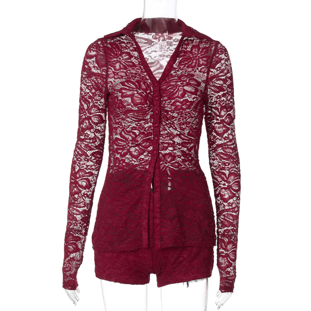 Damen Elegante Spitze Bluse mit langen Ärmeln und femininer Silhouette EB