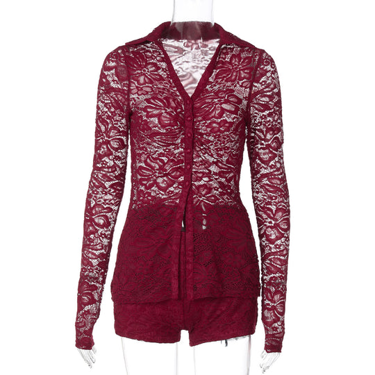 Damen Elegante Spitze Bluse mit langen Ärmeln und femininer Silhouette EB