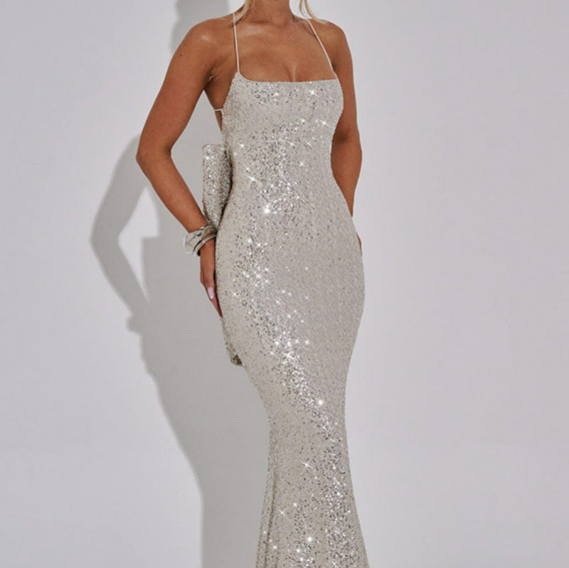 Damen Glamouröses Abendkleid mit schimmernden Pailletten und elegante Träger EB