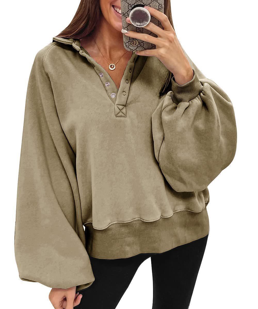 Damen oversized Pullover mit Puffärmeln und Knopfdetails EB