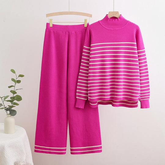 Damen gemütliches Strick-Loungewear-Set mit quer gestreiften Details EB