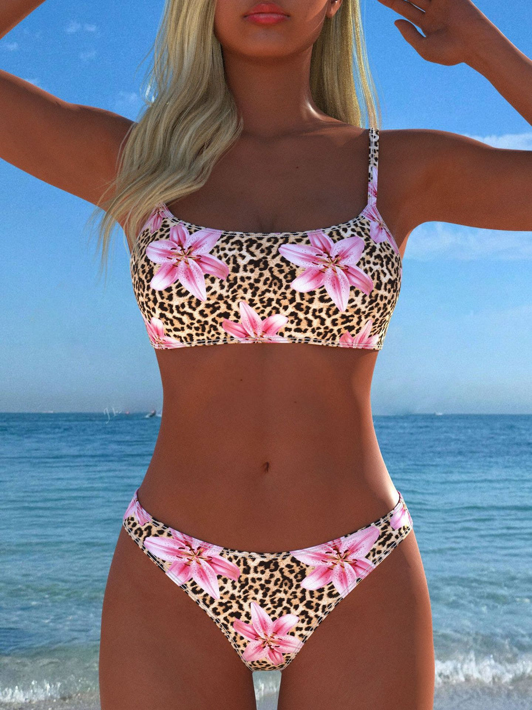Damen Bikini-Set mit floralem Leopardenmuster und komfortablem Schnitt EB