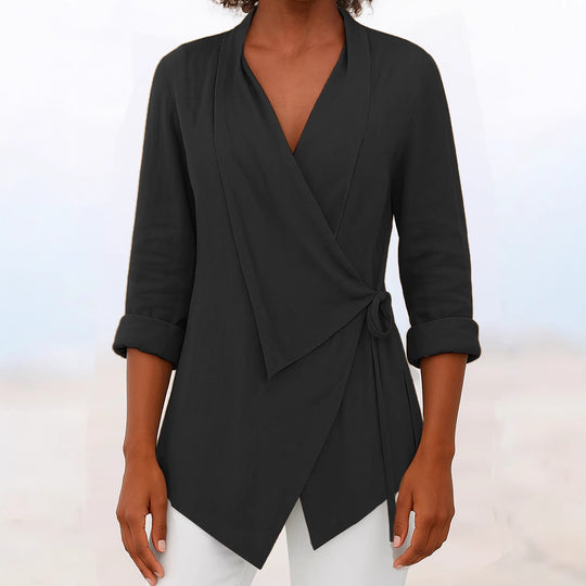 Damen Asymmetrische Wickelbluse mit Schalkragen und 3/4-Ärmeln EB