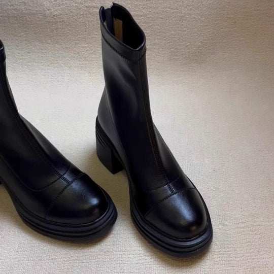 Damen elegante Stiefeletten mit modischem Reißverschluss und robustem Blockabsatz EB
