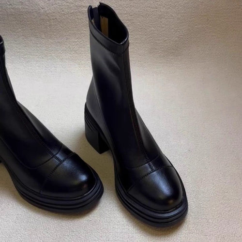 Damen Elegante und modische Stiefeletten mit hohem Blockabsatz und seitlichem Reißverschluss EB