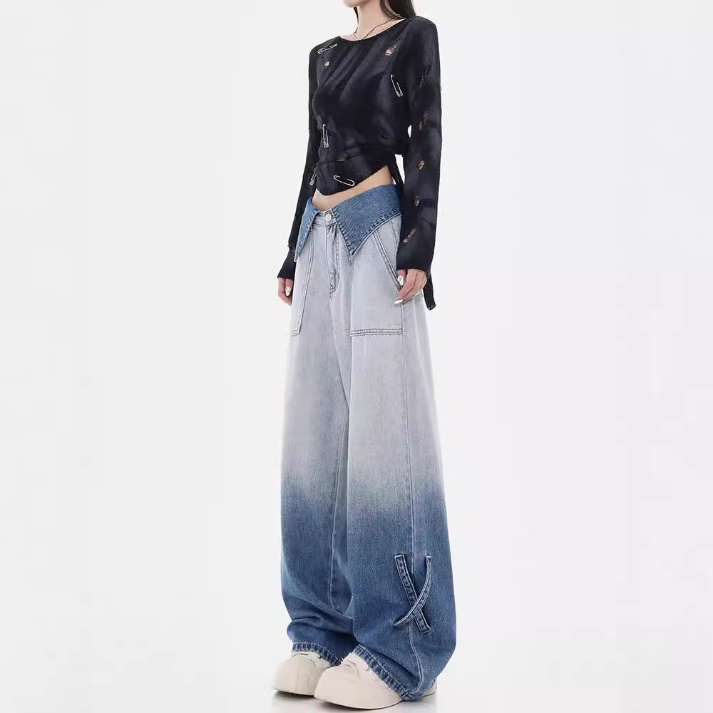Damen Weite Denim-Jeans mit einzigartigem Farbverlauf und modischen Akzenten EB