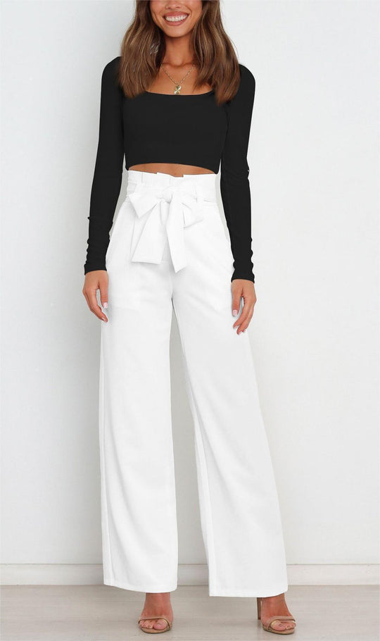 Damen Weit geschnittene High-Waist-Hose mit Binde-Gürtel und Taschen EB