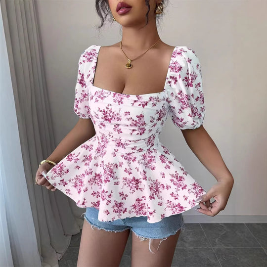 Damen Peplum-Bluse mit Puffärmeln und floralem Design EB