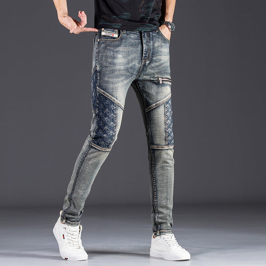 Herren modische Slim Fit Jeans mit kreativen Designelementen und einzigartigen Nähten EB