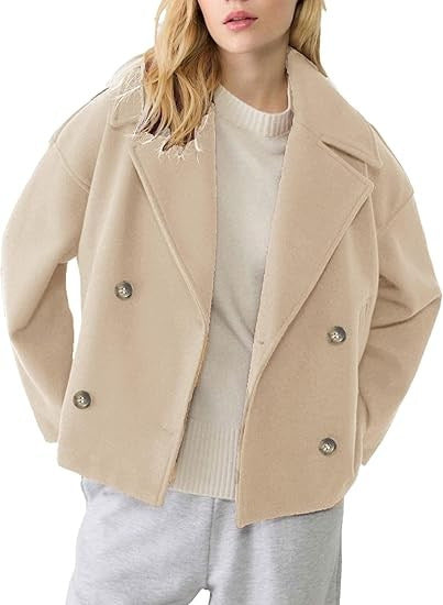 Damen nan kurz geschnittener Zweireiher Wollmix-Peacoat mit überbreitem Revers und kastiger Silhouette EB