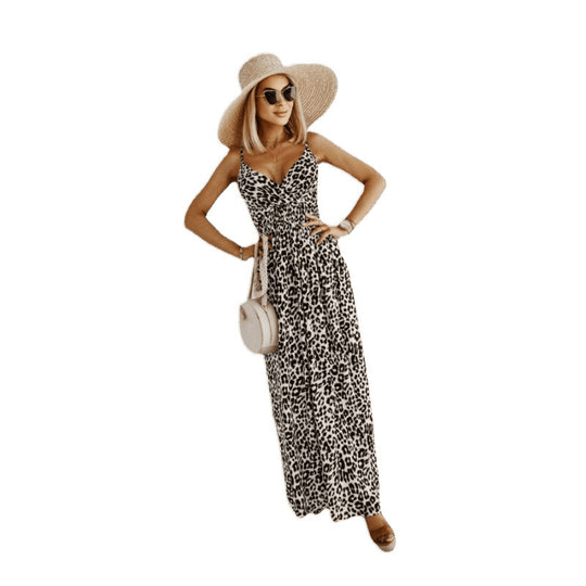 Damen Sleek Leopardenmuster Maxi Kleid EB
