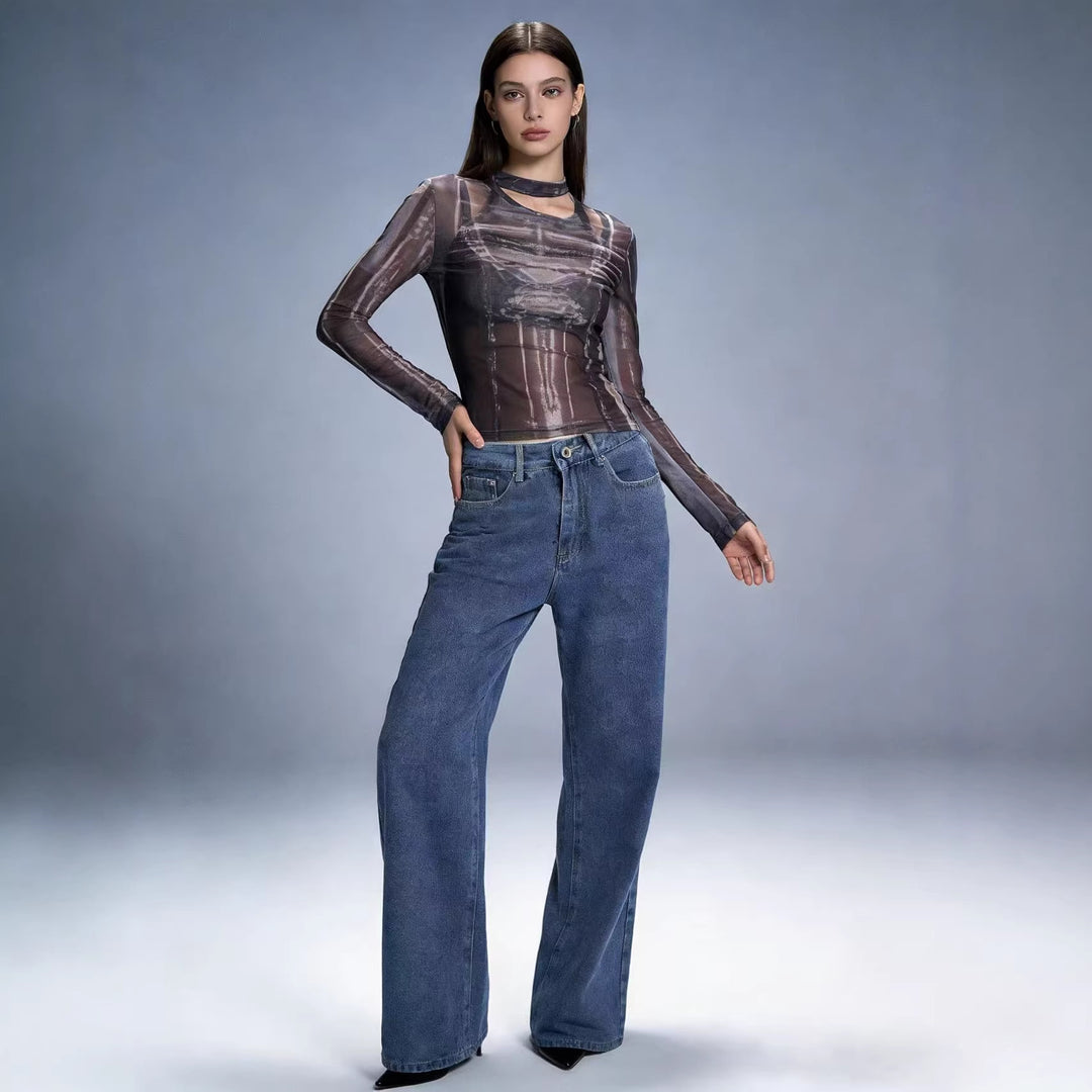 Damen nan hochgeschnittene extra-lange Schlagjeans mit weitem Bein und cleanem Five-Pocket-Schnitt EB