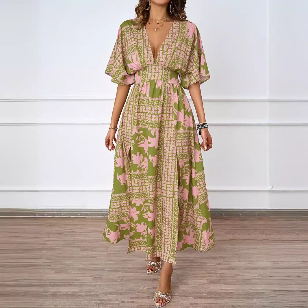 Damen luftiges Maxikleid mit tiefem V-Ausschnitt und eleganten Rüschen EB