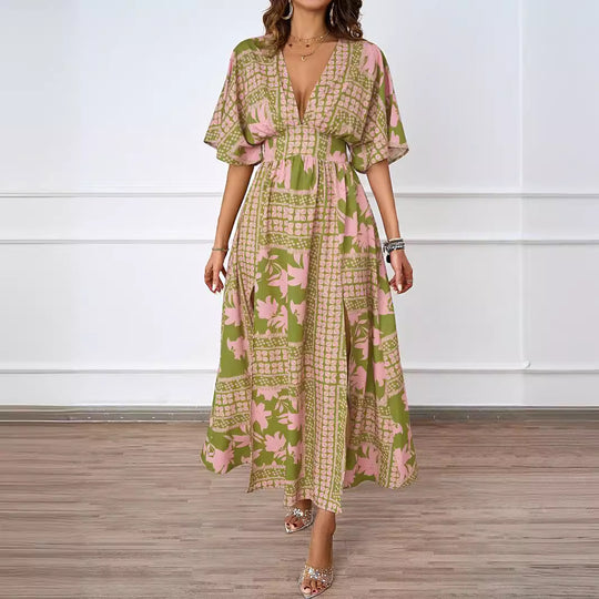 Damen luftiges Maxikleid mit tiefem V-Ausschnitt und eleganten Rüschen EB