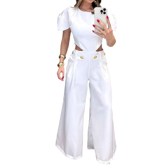 Damen Eleganter Jumpsuit mit Cut-Out und voluminösen Ärmeln EB