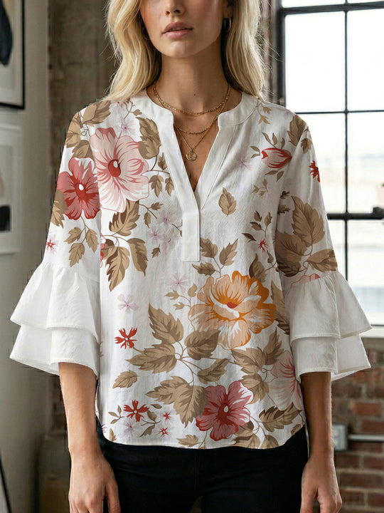 Damen Elegantes Oberteil mit voluminösen Rüchenärmeln und floralem Druck EB