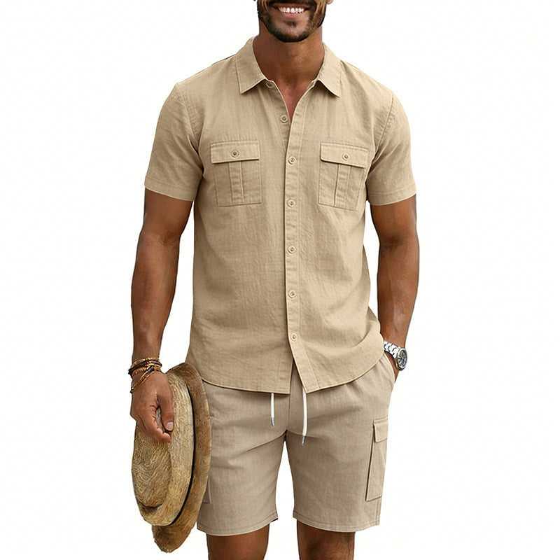 Herren nan sommerliches Freizeitset aus Baumwoll-Leinenmix mit Kurzarm-Hemd und Cargo-Shorts EB