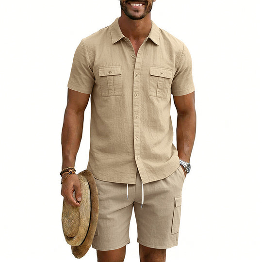 Herren nan sommerliches Freizeitset aus Baumwoll-Leinenmix mit Kurzarm-Hemd und Cargo-Shorts EB