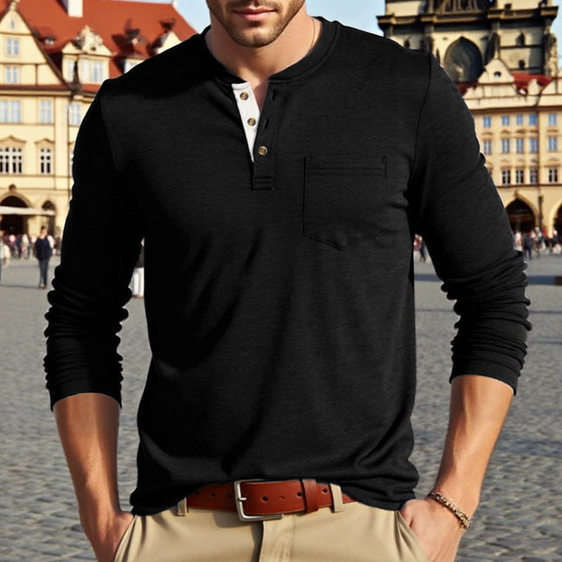 Herren Langarm-Henley-Shirt mit modischem Knopfdesign und praktischer Brusttasche EB