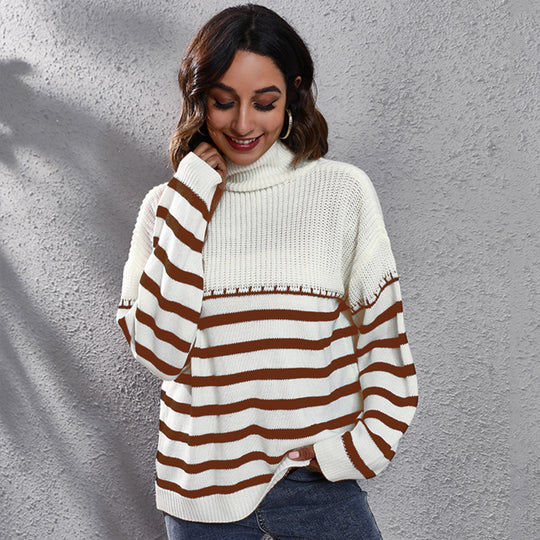 Damen Komfortabler Rollkragenpullover mit modernem Streifenmuster EB