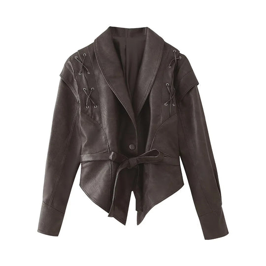 Damen modische Kunstlederjacke mit stilvollem Gürteldetail und elegantem Design EB