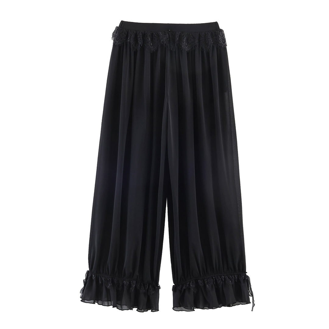 Damen Plissee-Party-Hose mit Spitzenbesatz und elastischem Bund EB