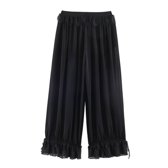 Damen Plissee-Party-Hose mit Spitzenbesatz und elastischem Bund EB