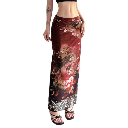Damen Maxirock mit floralen Mustern und transparenter Spitze EB