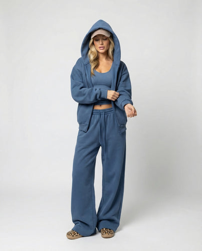 Damen luxuriöses Velours-Joggingset mit Reißverschluss-Hoodie, Kängurutasche und weit geschnittener hochgeschnittener Hose EB