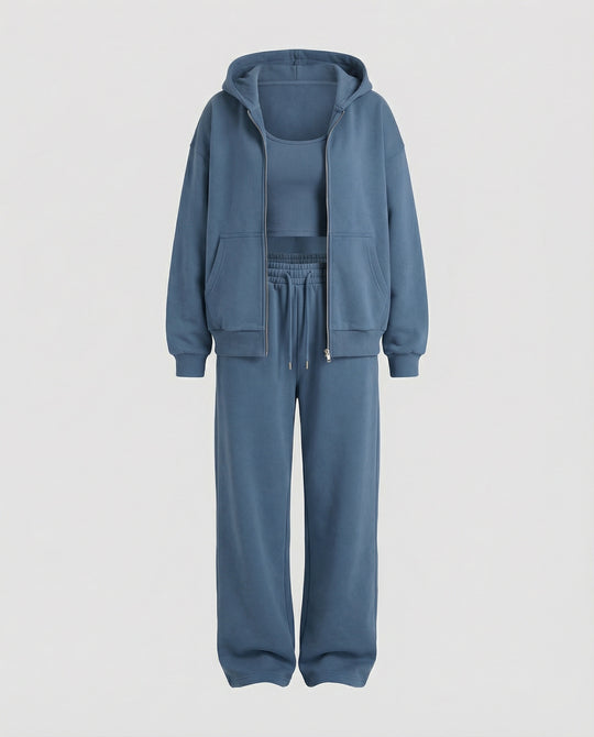 Damen luxuriöses Velours-Joggingset mit Reißverschluss-Hoodie, Kängurutasche und weit geschnittener hochgeschnittener Hose EB