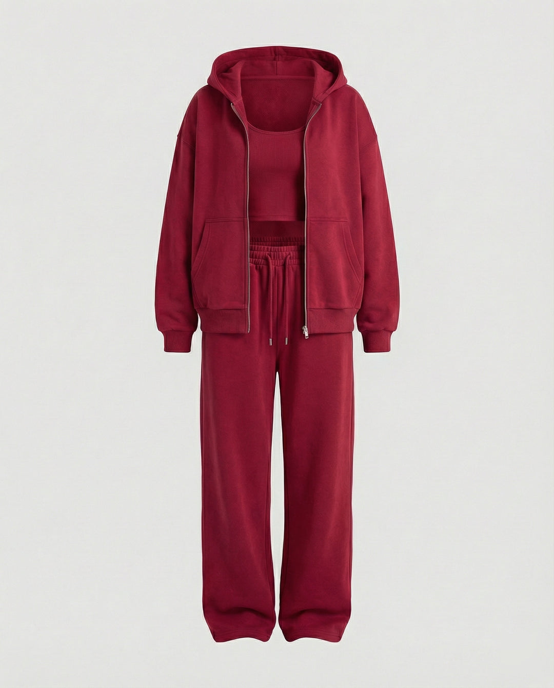 Damen luxuriöses Velours-Joggingset mit Reißverschluss-Hoodie, Kängurutasche und weit geschnittener hochgeschnittener Hose EB