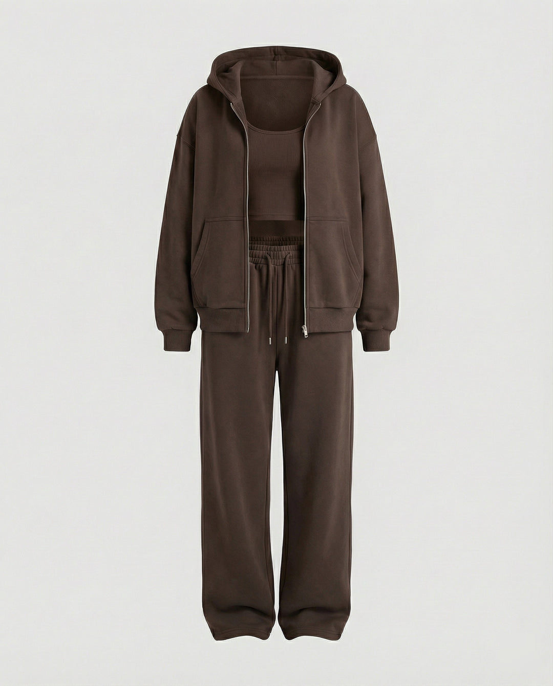 Damen luxuriöses Velours-Joggingset mit Reißverschluss-Hoodie, Kängurutasche und weit geschnittener hochgeschnittener Hose EB