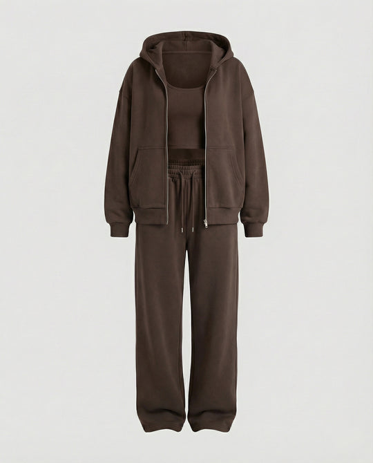 Damen luxuriöses Velours-Joggingset mit Reißverschluss-Hoodie, Kängurutasche und weit geschnittener hochgeschnittener Hose EB