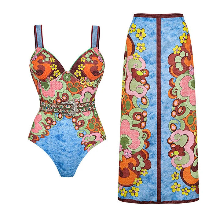 Damen Vintage Badeanzug mit buntem Muster und Schmuckgürtel EB