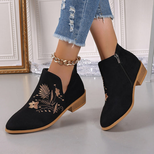 Damen Stiefeletten mit floralem Stickdesign und seitlichem Reißverschluss EB