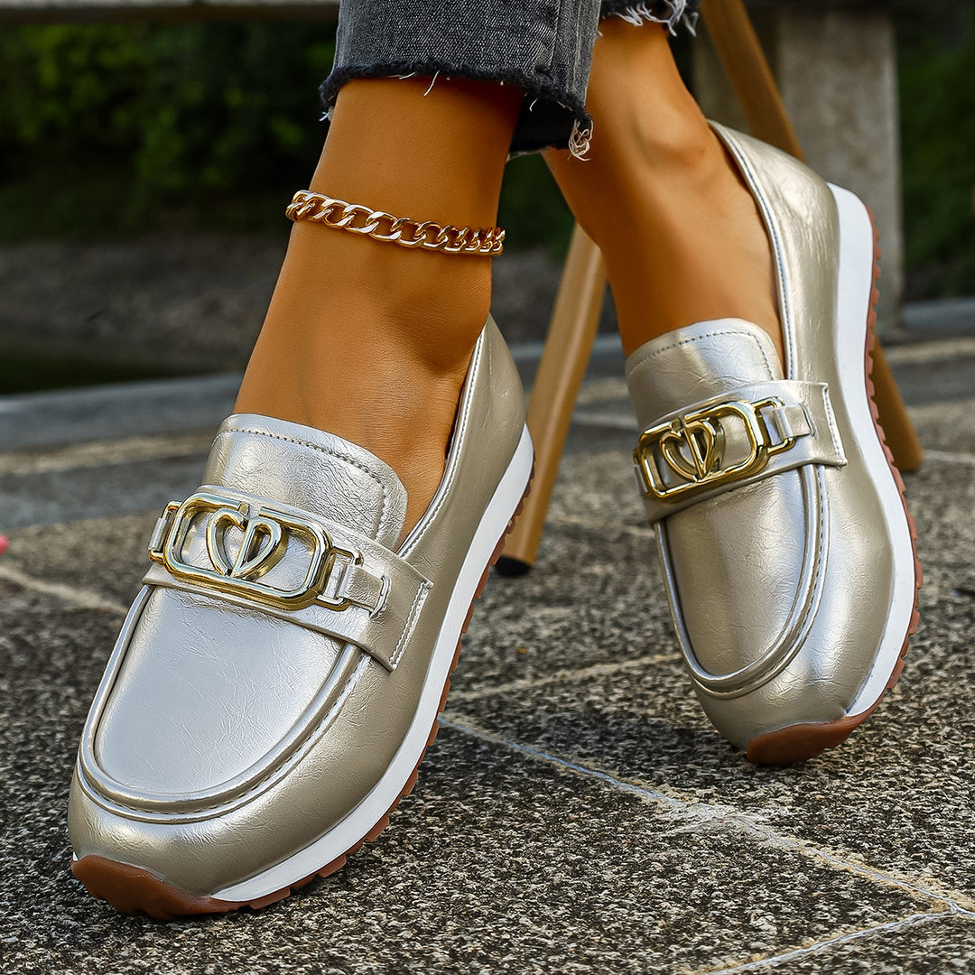 Damen Glamouröse Mokassins mit glänzender Metallschnalle EB