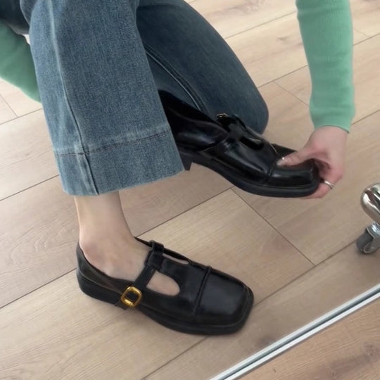 Damen elegante T-Strap Ballerinas mit modischer Schnallenverzierung EB