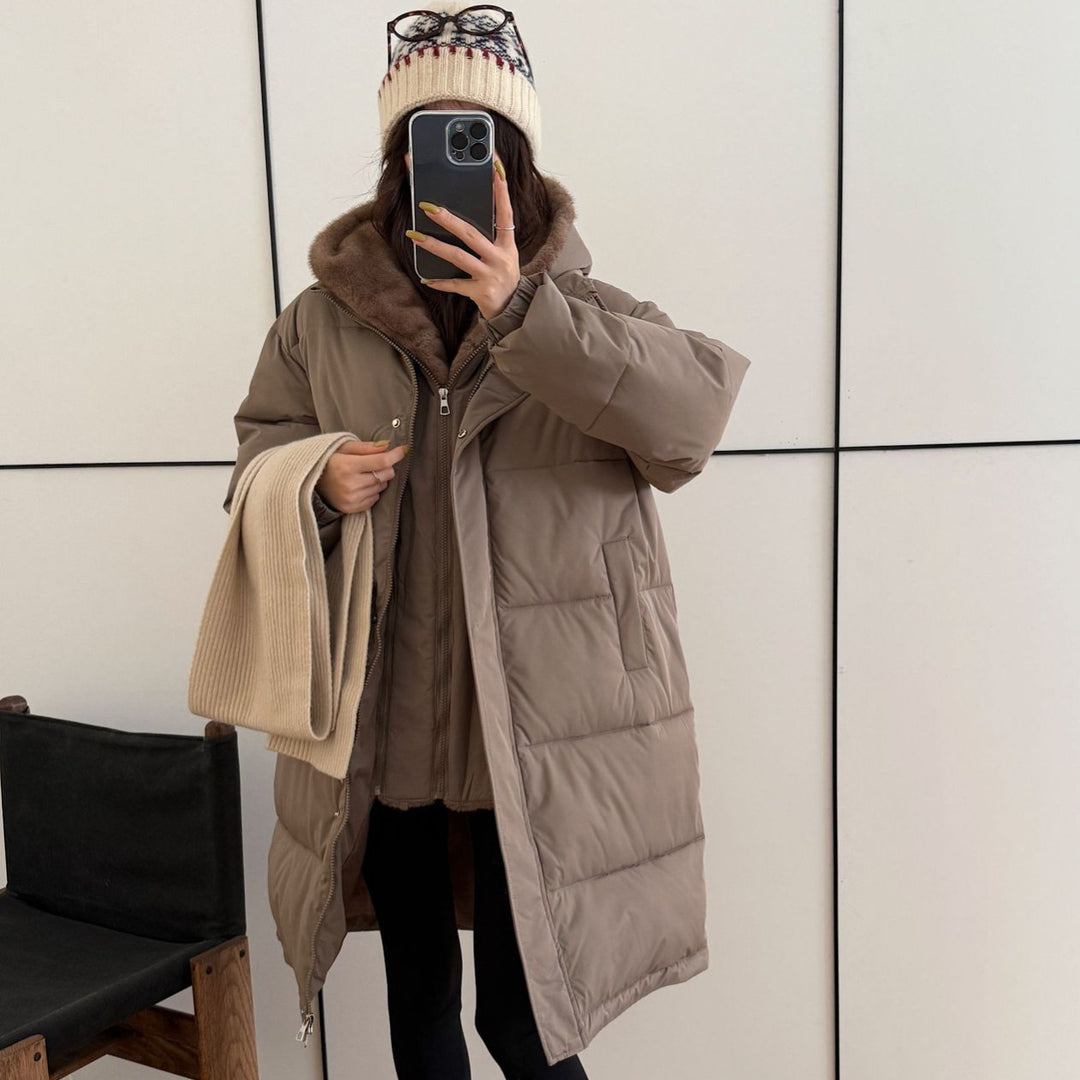 Damen Eleganter gefütterter Winterparka mit Plüschkragen und praktischen Taschen EB