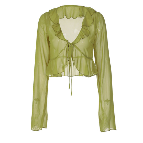 Damen Transparente Langarmbluse mit Rüschen und Bindegürtel EB
