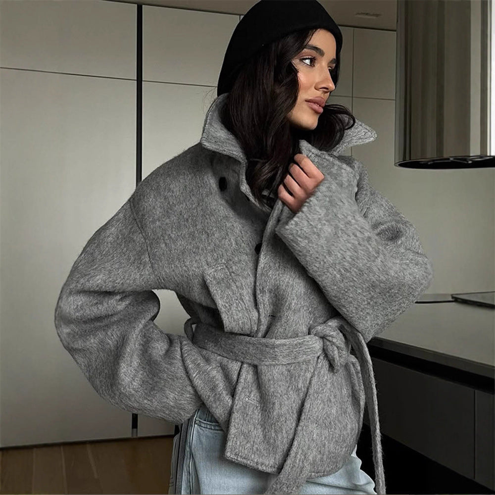 Damen elegante Oversized-Wolljacke mit Gürtel EB
