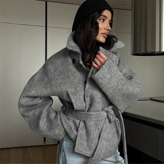 Damen elegante Oversized-Wolljacke mit Gürtel EB