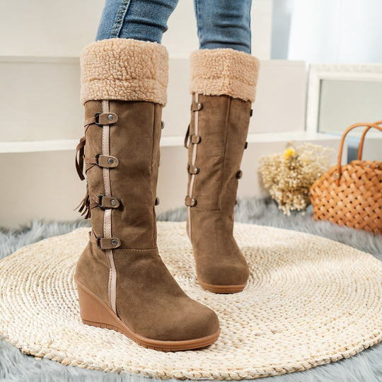 Damen Wedge-Stiefel mit kuscheligem Innenfutter und modischem Schnürdesign EB
