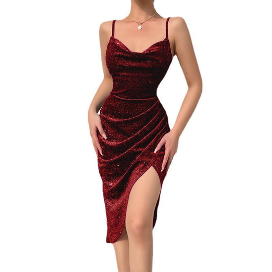 Damen schimmerndes Glamour-Minikleid mit elegantem Schlitz und Spaghettiträgern EB