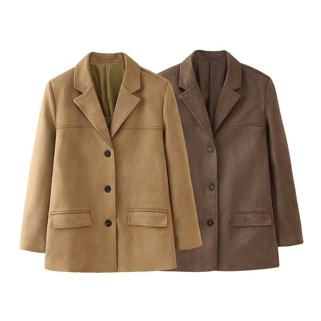 Damen Casual Blazerjacke aus hochwertigem Kunstleder mit eleganten Taschen EB