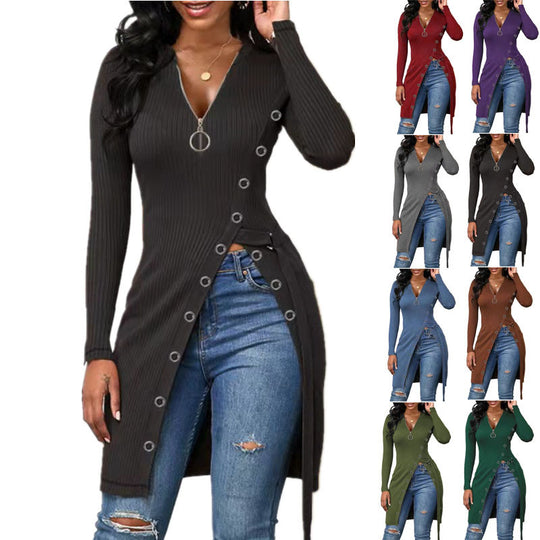 Damen figurbetontes Wickelshirt mit Knopfdetails und tiefem V-Ausschnitt EB