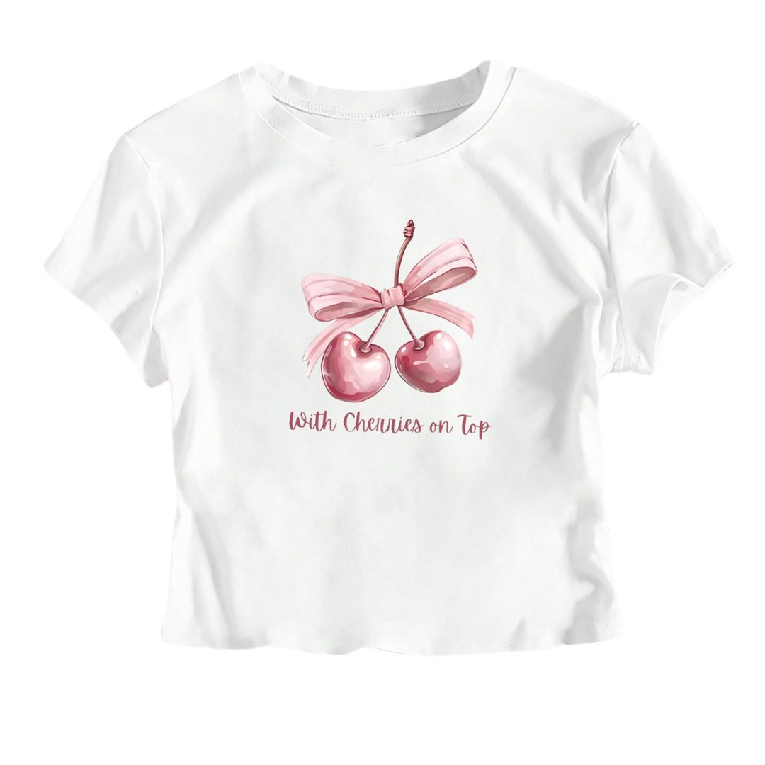 Damen Kurzarm Crop-T-Shirt mit fröhlichem Kirschmotiv und Schleifenapplikation EB